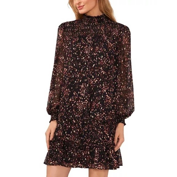 CeCe Pintuck Yoke Smocked Waist Party Holiday Mock Neck Dress Medium New - Picture 1 of 13